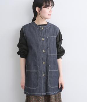 ノーカラーロングベスト(インディゴネイビー-L)