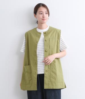 ノーカラーロングベスト(カーキ-M)