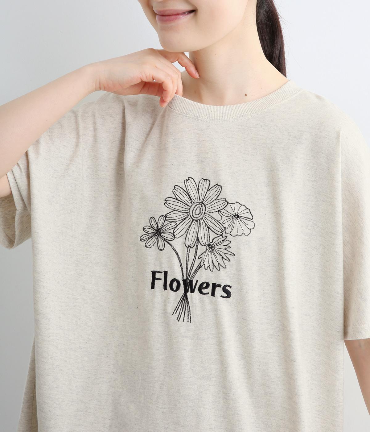 フラワー刺繍ワイドTシャツ(オートミール-M)