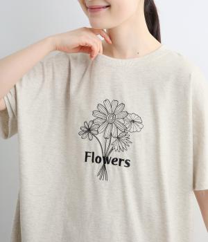 フラワー刺繍ワイドTシャツ(オートミール-M)