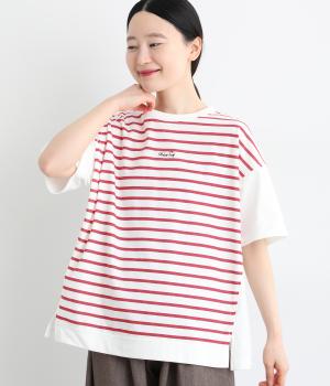 天竺フロントボーダープリントTシャツ(オフホワイト-L)
