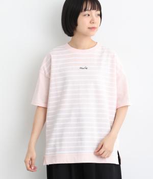 天竺フロントボーダープリントTシャツ(ピンク-L)
