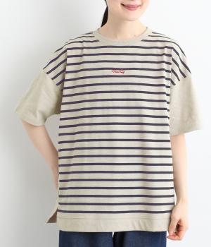天竺フロントボーダープリントTシャツ(ベージュ-L)