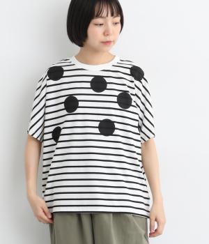 先染めボーダードットプリントTシャツ(ブラック-L)