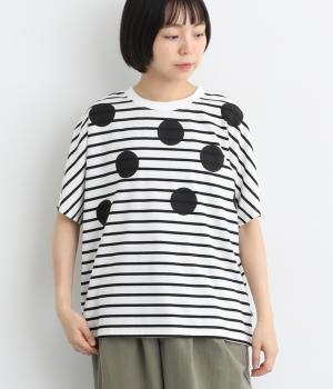 先染めボーダードットプリントTシャツ(ブラック-M)