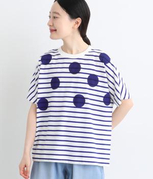 先染めボーダードットプリントTシャツ(ブルー-L)