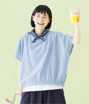 【7月中旬発売予定】シャンブレー　フレンチスリーブプルオーバー(ライトブルー-L)