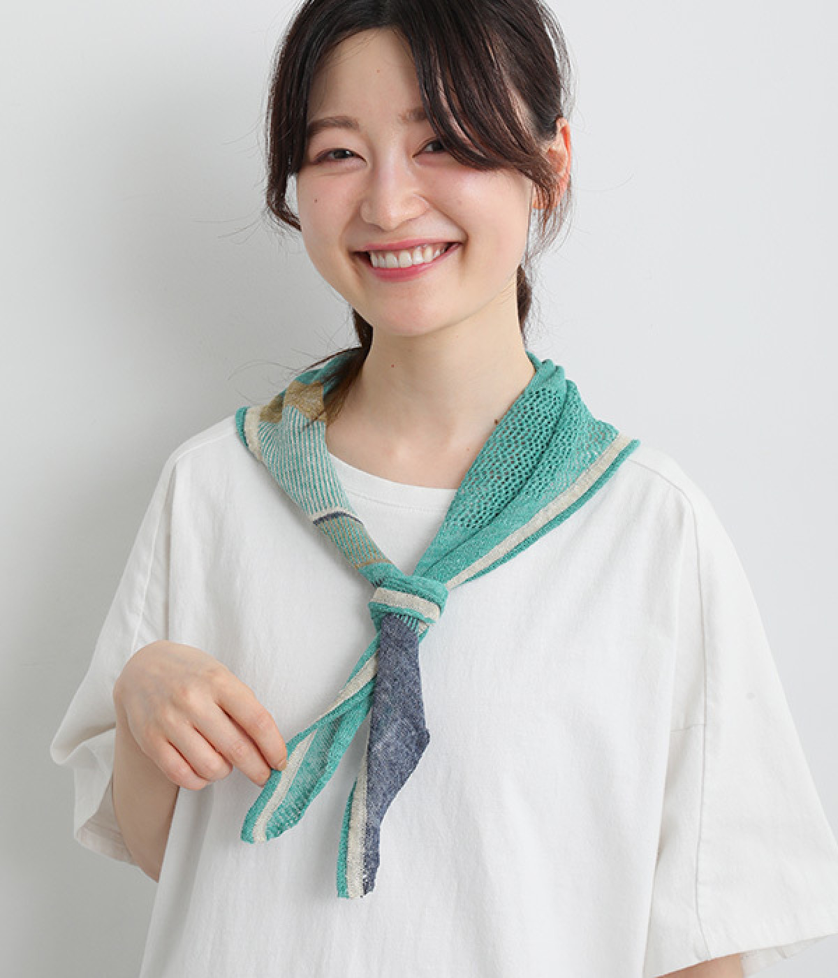 リネンプチ三角ニットバンダナストール(グリーン-ONESIZE)