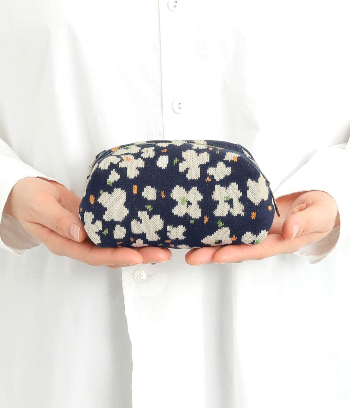 コットン　かくかくフラワーポーチ(ネイビー-ONESIZE)