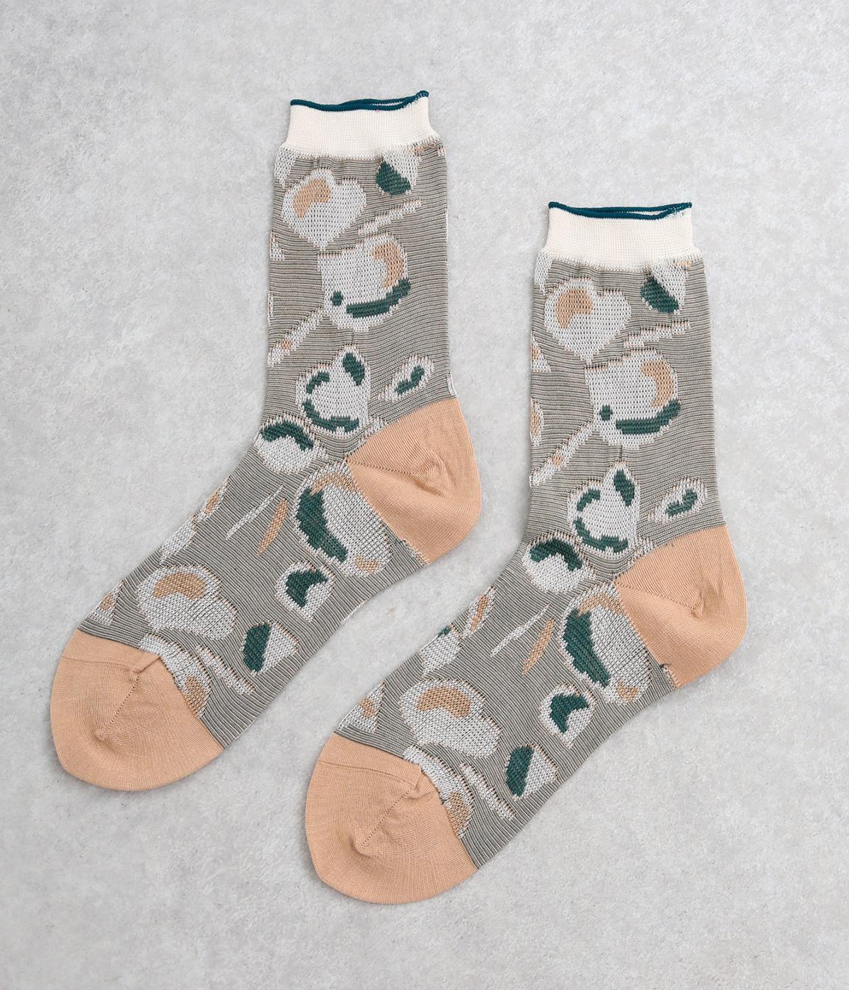 コットンWジャカードプラム柄ソックス(ライトベージュ-F)