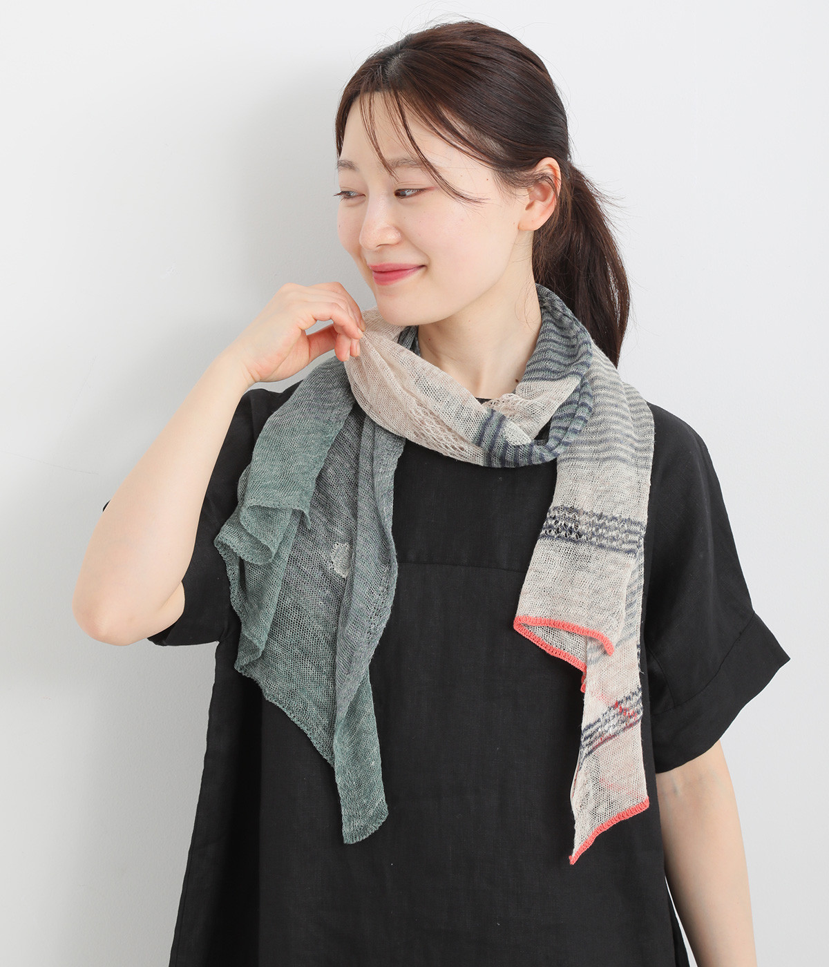 リネンドットレース編み　インターシャストール(グリーン-ONESIZE)