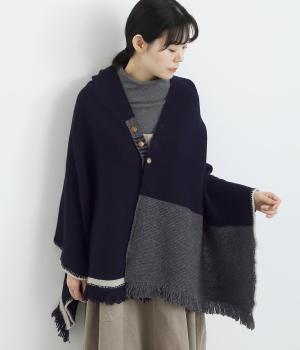 ウール釦付きストール(ネイビー-F)