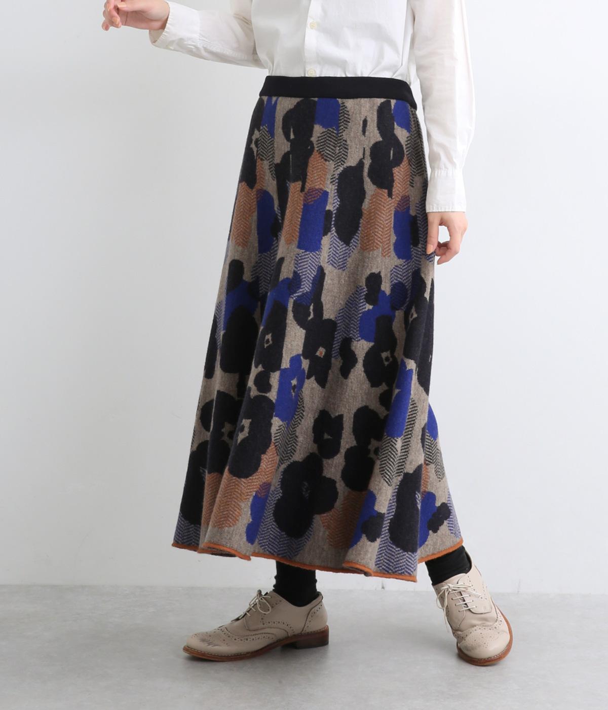 ウールジャカードフラワー柄ニットスカート(ネイビー-2)