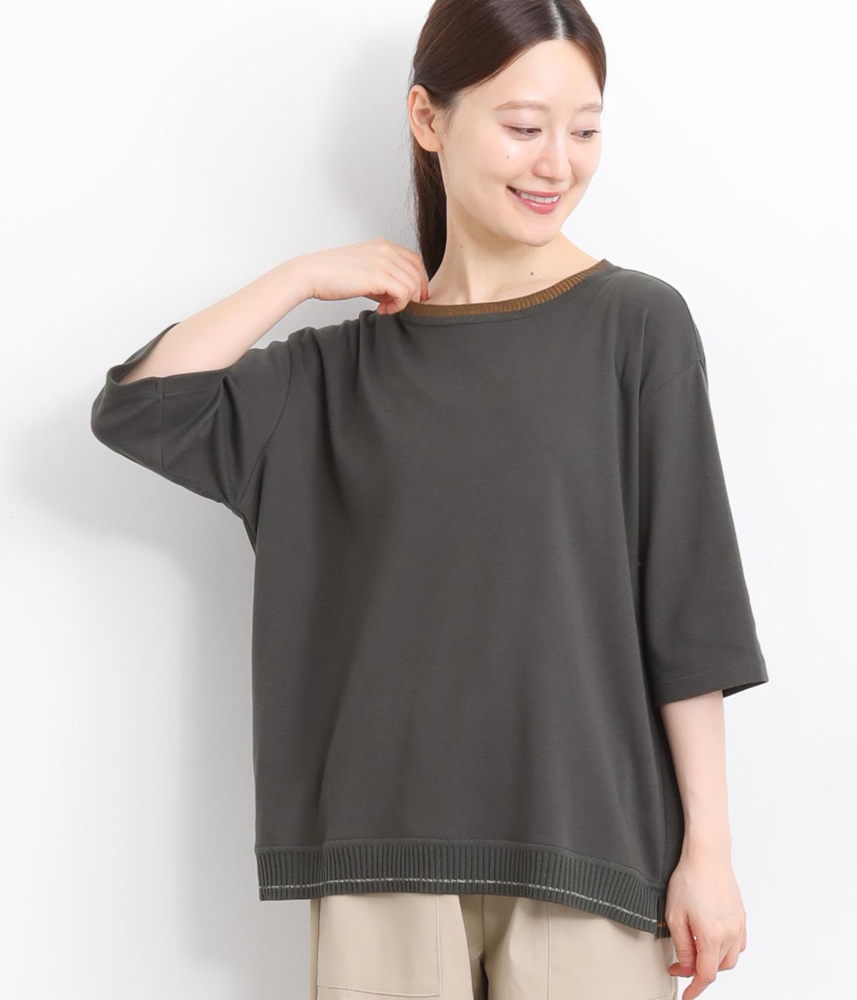 強撚天竺×ニット5分袖Tシャツ(チャコール-3)
