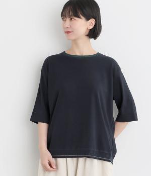 強撚天竺×ニット5分袖Tシャツ(ネイビー-3)