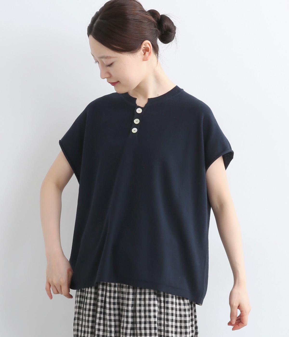 コットンワイド巾ポロ風プルオーバー(ネイビー-3)