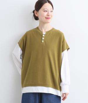コットンワイド巾ポロ風プルオーバー(カラシ-3)
