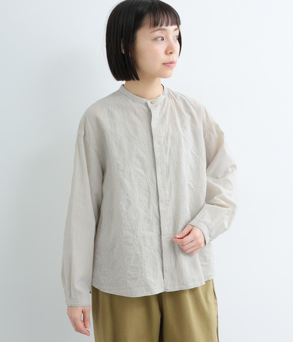 コットンストライプ刺繍シャツ(オフホワイト-3)