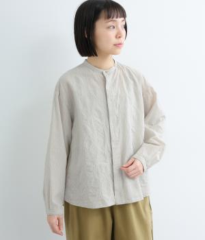 コットンストライプ刺繍シャツ(オフホワイト-3)