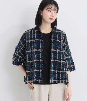 コットンカットジャカードニット襟5分袖シャツ(ネイビー-3)