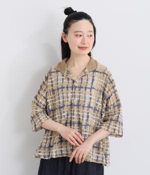 コットンカットジャカードニット襟5分袖シャツ(ベージュ-3)