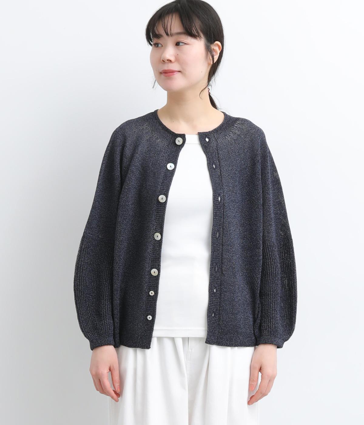 ホールガーメントコットンペーパー混バルーン袖カーディガン(ネイビー-F)