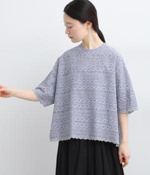 コットンエンブロイダリーレース5分袖シャツ