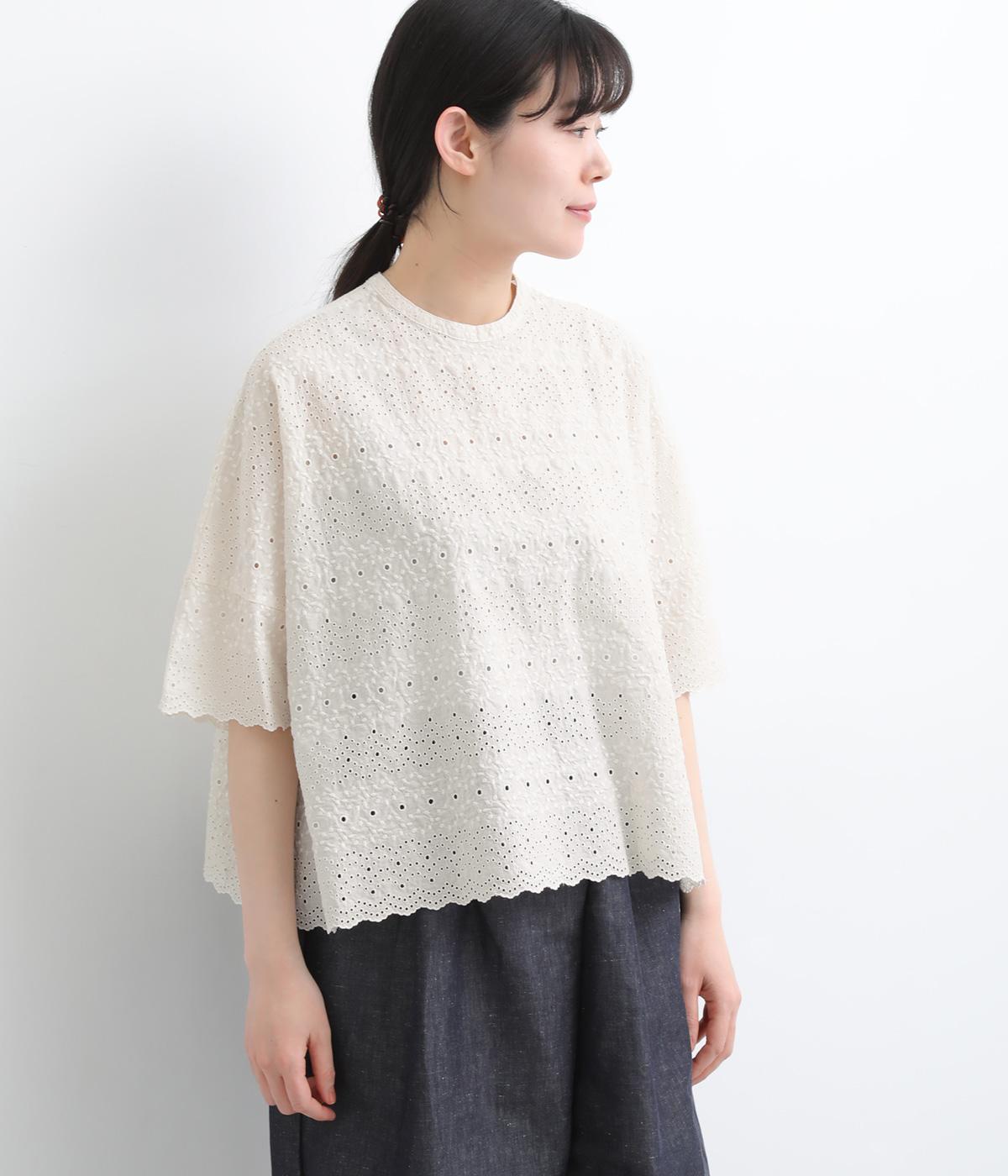 コットンエンブロイダリーレース5分袖シャツ(アイボリー-3)