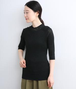 ホールガーメントリネン混　5.5分袖リブプルオーバー(ブラック-0)