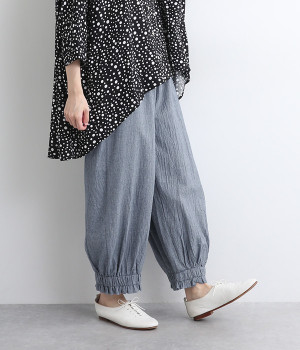 コットンリネンワッシャー 裾フリルパンツ(ブルー-ONESIZE)