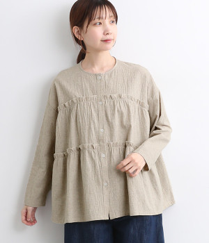 コットンリネンワッシャー フリル切替ギャザーシャツ(ナチュラル-ONESIZE)