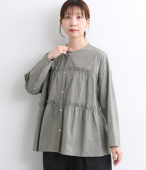 コットンリネンワッシャー フリル切替ギャザーシャツ(グレー-ONESIZE)