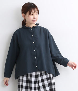 クレープ 襟フリルシャツ(ネイビー-ONESIZE)