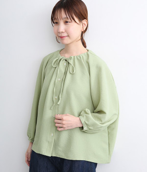 クレープ ギャザー襟シャツ(グリーン-ONESIZE)