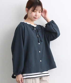 クレープ ギャザー襟シャツ(ネイビー-ONESIZE)