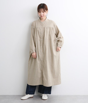 コットンリネンワッシャー ウエストギャザーシャツワンピース(ナチュラル-ONESIZE)