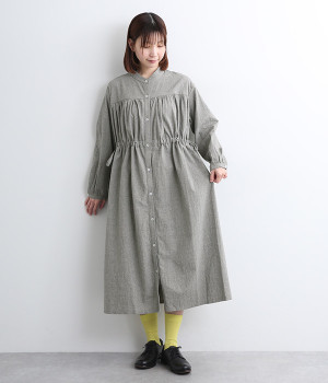 コットンリネンワッシャー ウエストギャザーシャツワンピース(グレー-ONESIZE)