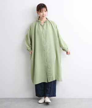 クレープ ギャザーシャツワンピース(グリーン-ONESIZE)