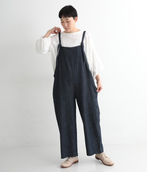 コットンリネン甘撚りデニム　サロペット(インディゴ-ONESIZE)