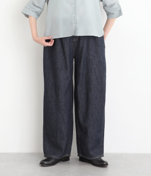 コットンリネン甘撚りデニム　ワイドパンツ(インディゴ-ONESIZE)
