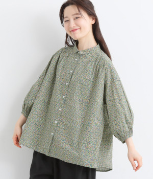 小花柄プリント　ギャザーシャツ(ブルー-ONESIZE)