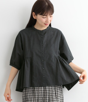 リネンコットンガーゼ　フレアーブラウス(ブラック-ONESIZE)