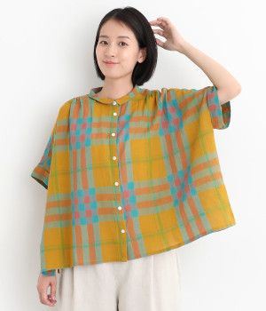 コットンリネンマドラスチェック　ちび襟ワイドシャツ(イエロー-ONESIZE)