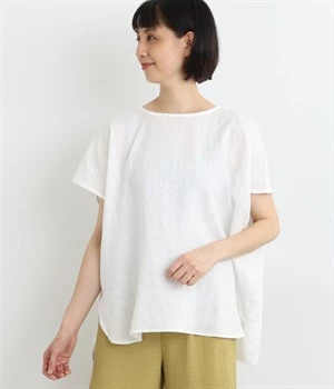 平織リネン　フレンチブラウス(オフホワイト-ONESIZE)