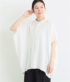 平織リネン　ちび襟コクーンシャツ(オフホワイト-ONESIZE)