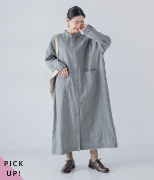 別注｜ヒッコリーちび襟ワイドワンピース(ネイビー-ONESIZE)