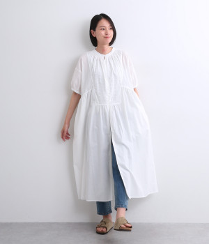 コットン×刺繍レース　異素材スクエア切替羽織ワンピース(オフホワイト-ONESIZE)