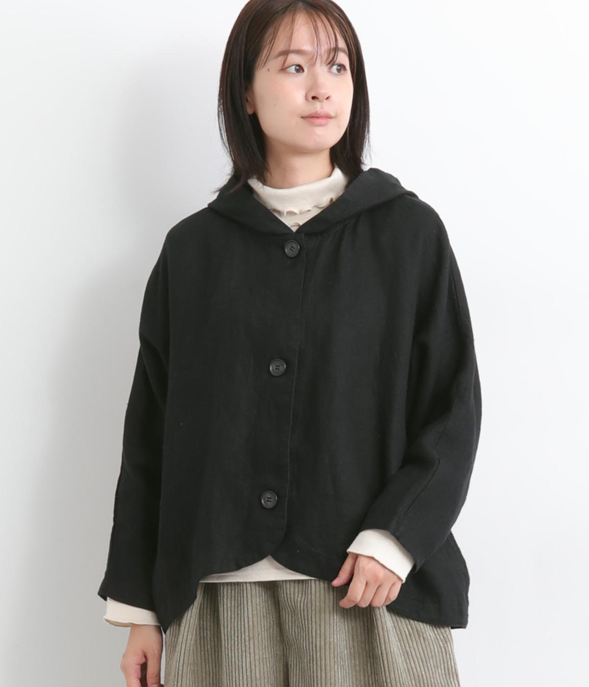起毛リネン　フードバルーンジャケット(ブラック-F)