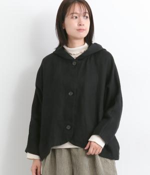起毛リネン　フードバルーンジャケット(ブラック-F)