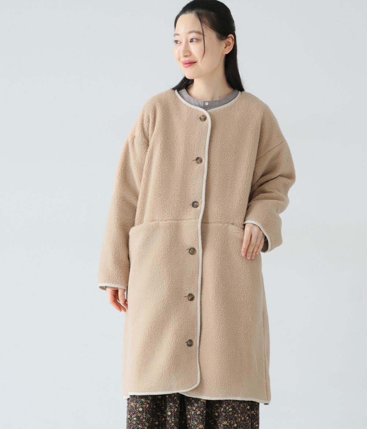 ボア×リネン長コットン　 ノーカラーコート(ベージュ-F)